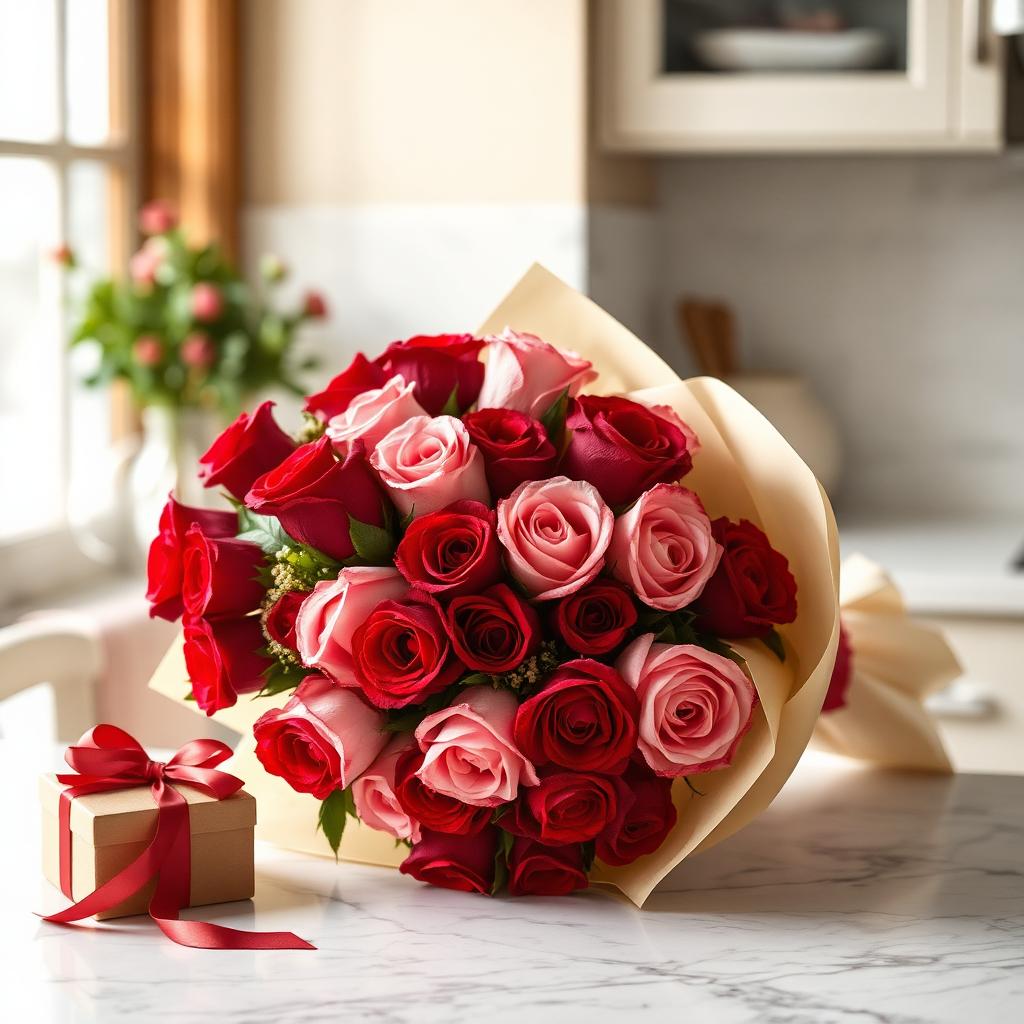 Anniversary bouquet of red and blush garden roses in cream wrap beside a ribboned gift box on a marble counter