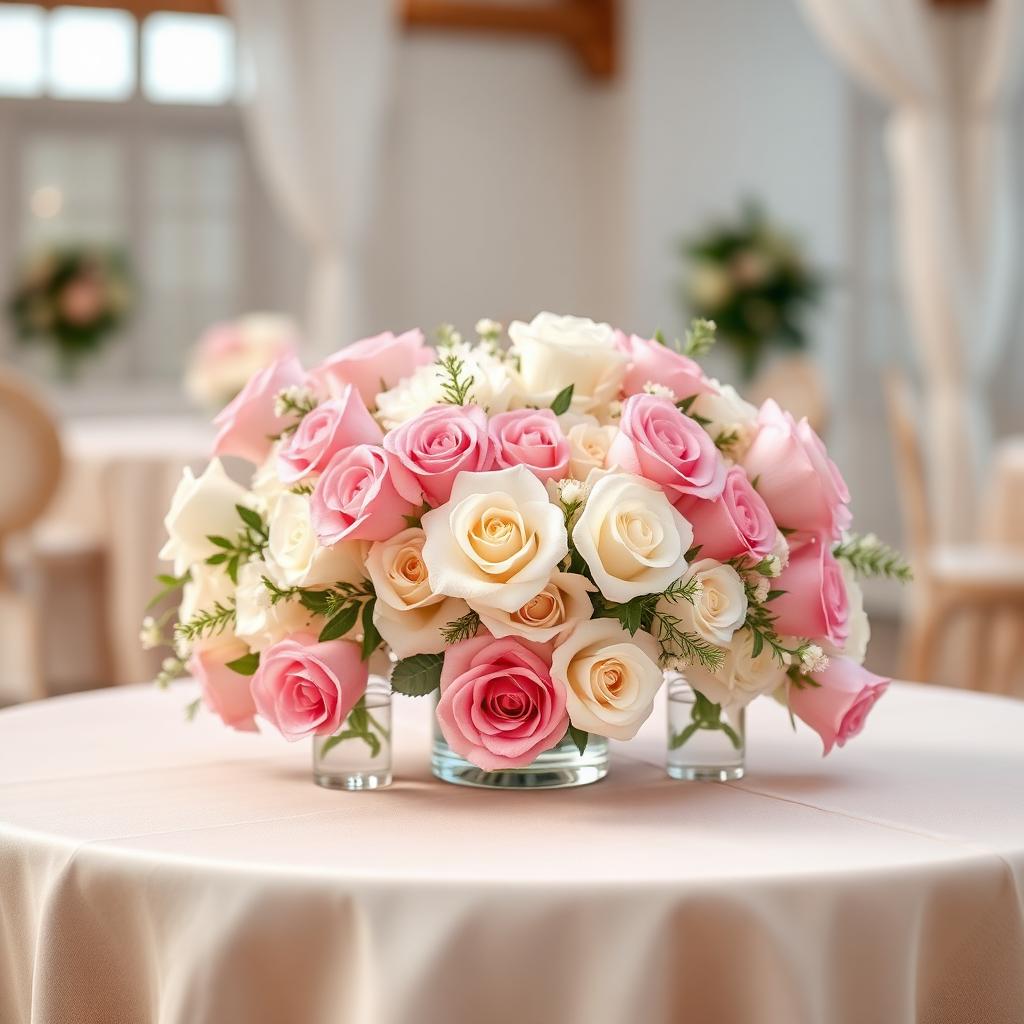 Pink and white rose baby shower centerpiece with small bud vases on a linen-covered round table